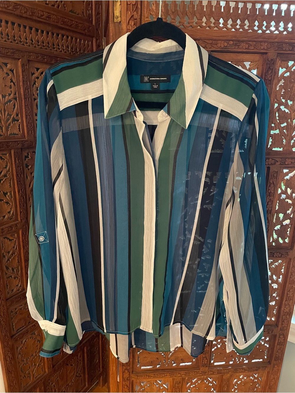 INC International Concepts Teal Navy Green White Striped Sheer Button-Up SZ L